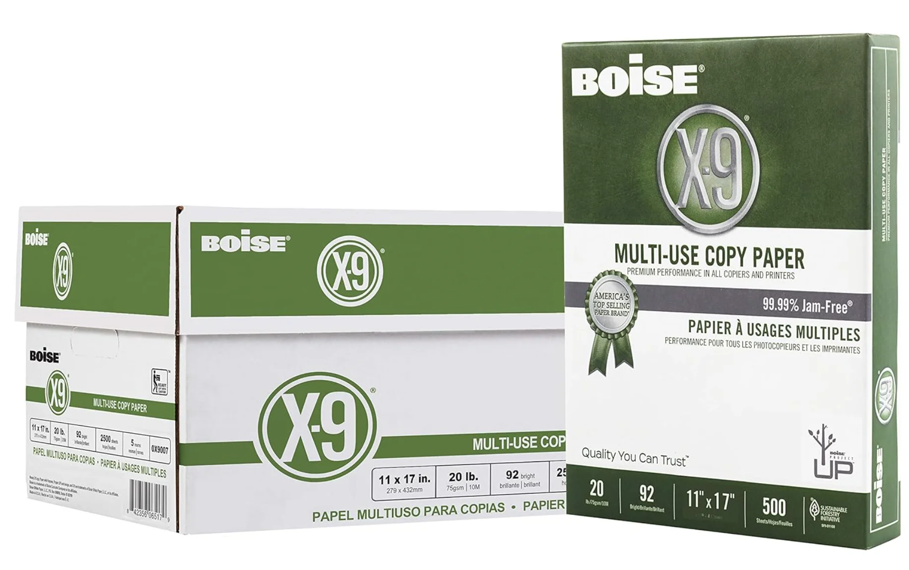 Boise Paper X-9 Multi-Use Copy Paper, 11" x 17" Ledger, 92 Bright White, 20 lb, 5 Ream Carton (2,500 Sheets)