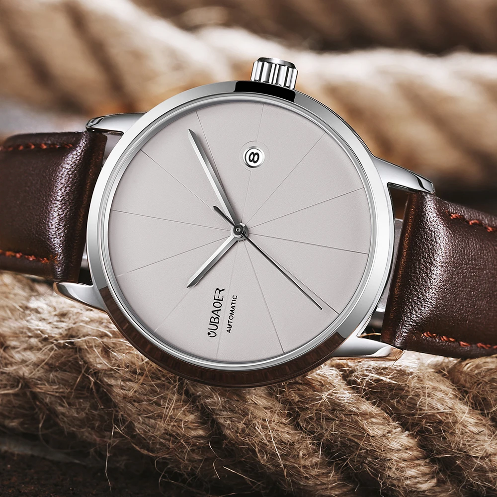 AUBAOER Men Watch Automatic Mechanical Bussiness Leather Strap Wristwatches 3ATM Waterproof Classic Auto Date Minimalist Clocks