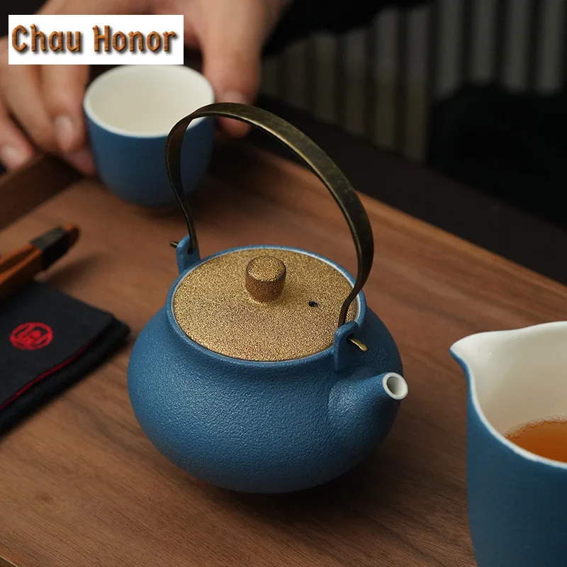 280ml Handmade Azure Color Ceramic Loop-handled Teapot Retro Japanese Style Kung Fu Tea Master Pots Personal Cups Gift Packaging