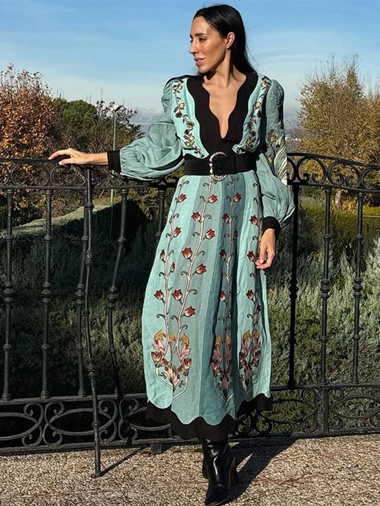 Fashion Patchwork A Line V Neck Dress for Women Elegant Floral Printed Long  Sleeve Dresses 2025 Spring New Chic Beach Vestidos - AliExpress 200000345