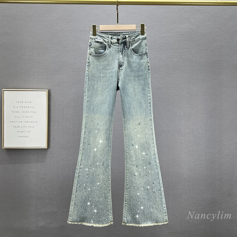 

European Fashion Flare Jeans for Women Mop Trousers 2024 New Spring High Waist Slim Slimming Rhinestone Bootleg Denim Pants