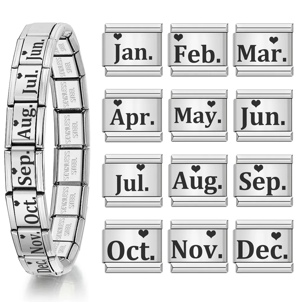 Großhandel Mode Laser Charms Hand Kette 12 Monate Edelstahl Italienische Links Fit 9mm Schmuck Machen DIY Frauen Männer armbänder