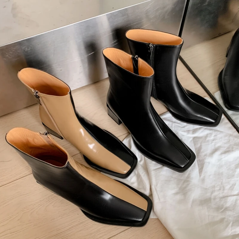 

2023 Winter Ankle Boots For Women Mixed Colors Cow Leather Side Zip Short Botas De Mujer Elegant Square Heels Boots For Ladies