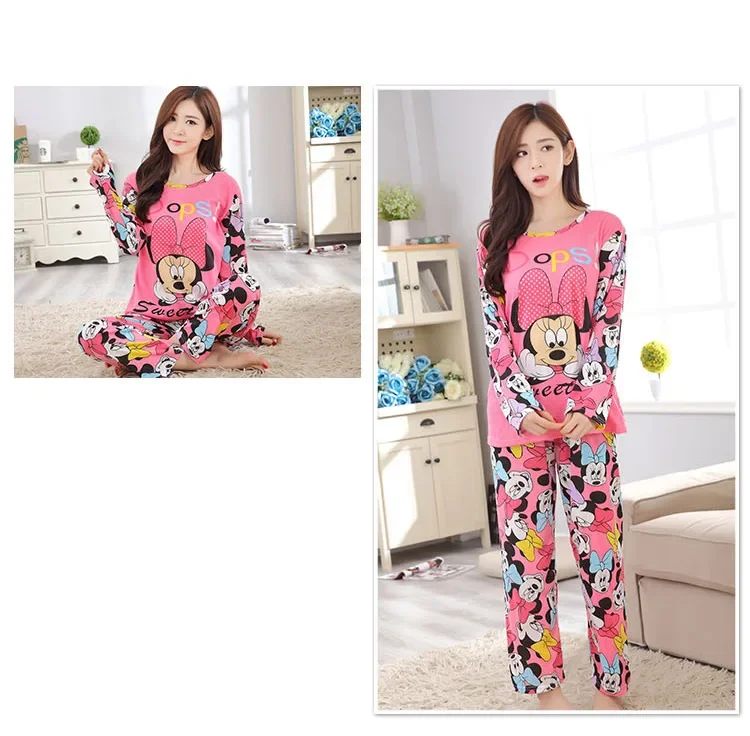 Cartoon Mickey Girls Women Pajamas Set Girl Spring Sleepwear Minnie Pijama Long Pyjamas Suit Female Mujer Clothing Nightwear cotton pajama set