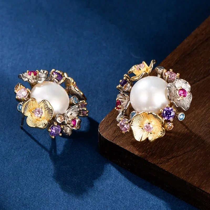 S925 sterling silver rings for Women New Fashion ethnic style hollow flowers inlaid pearl zircon earrings jewelry free shipping