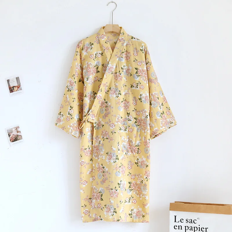 Japanese Kimono Cotton Gauze Bathrobe For Women Floral Printed Sleepwear Robe Loose Spring Autumn Night Wear Home Robes