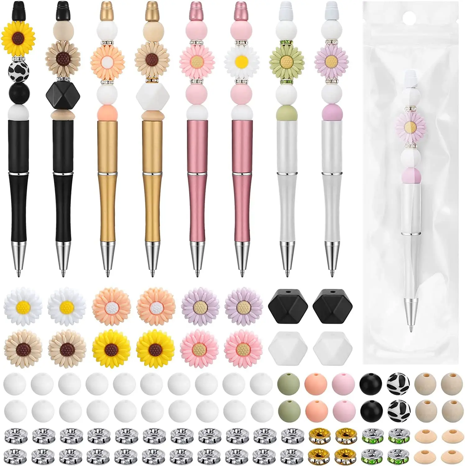 

140PCS Silicone Bead Handmade Creative Pen New Year Christmas Gift Sunflower Daisy Beaded DIY Supplies Material Kit