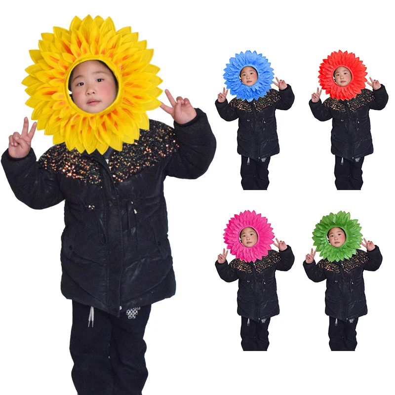 42 cm Sonnenblumen-Kopfbedeckung, lustige Performance-Requisiten, Sonnenblumen-Hut, Kapuze für Tanz, Party, Festival, Spiele, Kinderkostüm-Zubehör – Detail 5