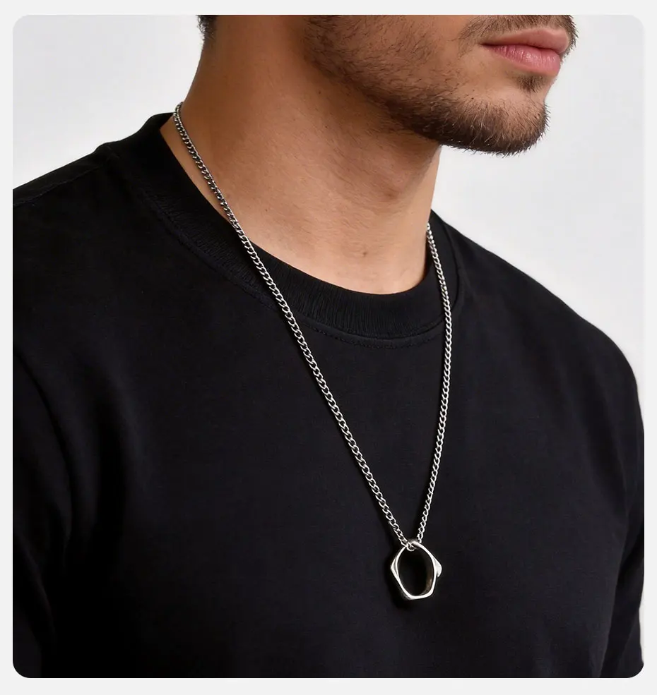 Vnox Größe 7-12 Fünfeckiger Ring-Anhänger Halskette, Schwarz Gold Silberfarben Edelstahl Kastenkette, Geburtstagsgeschenke für Männer – Detail 5