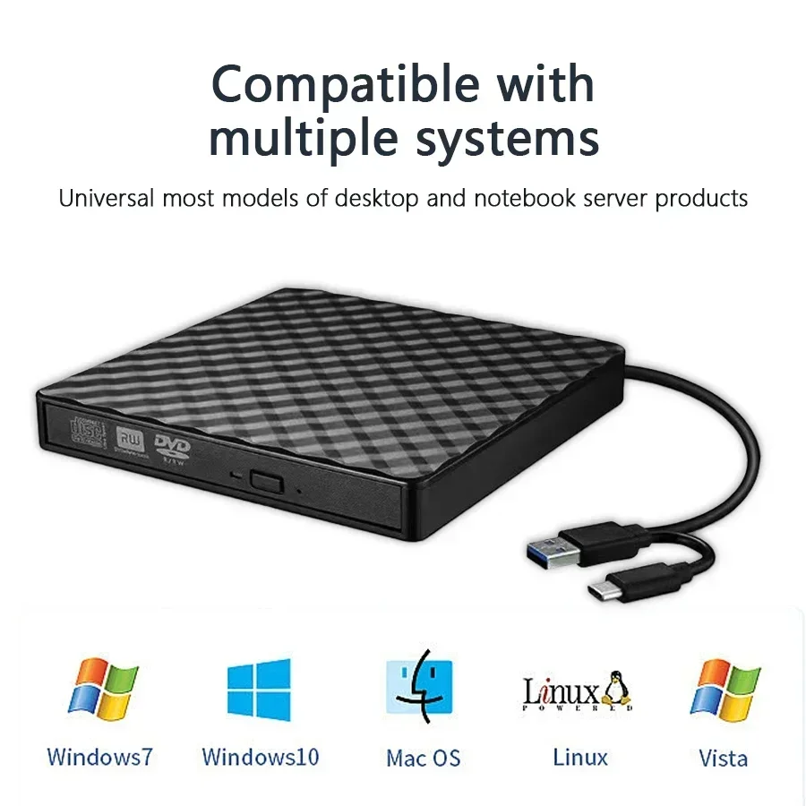 2 in 1 USB3.0 Type C Optical Drives Slim External DVD RW CD Writer Drive Burner Reader Player Portable DVD Burner for Laptop PC