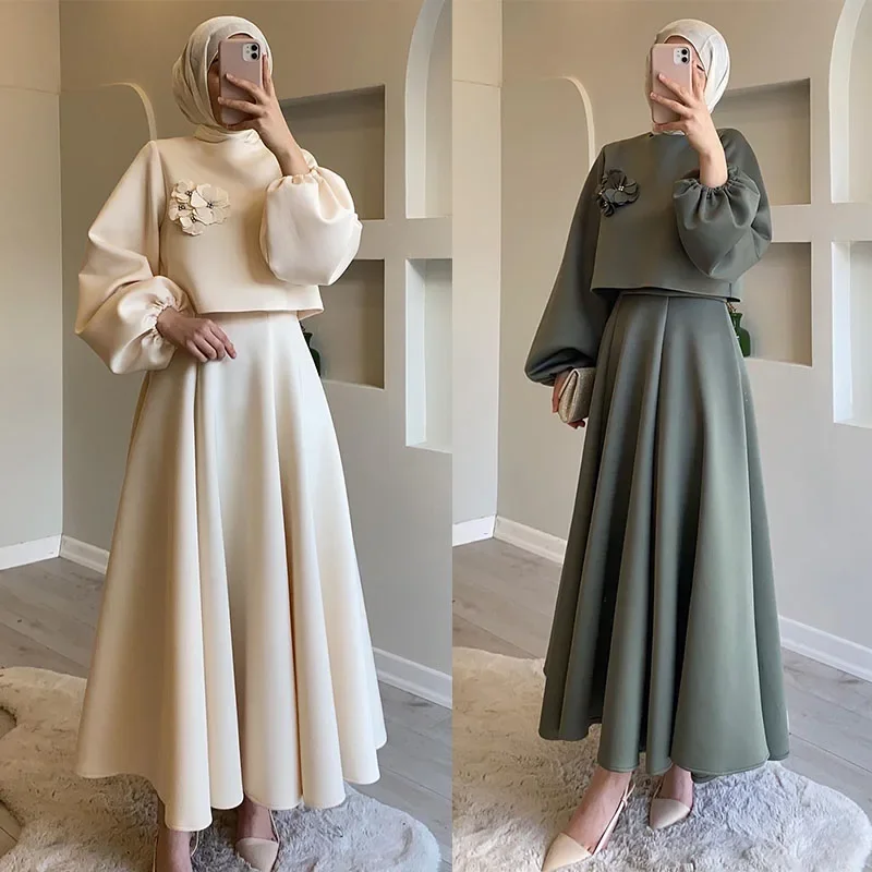 Dubai Eid Women's Fashion 2 Piece Lantern Sleeve Top and Skirt Suits Collection Jalabiya Decorated Muslim Sets