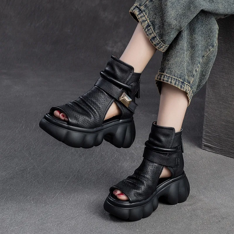 

Birkuir Thick Heel Hollow Out Sandals Women High Top Summer Boots Back Zip Hook Loop Sandals Genuine Leather Flat Platform Shoes