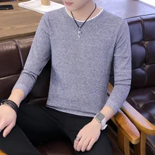 

2022 Men's Spring and Autumn Thin Stretch Round Neck Pullover Solid Color Fake Two-piece Fashion British Style Sweater