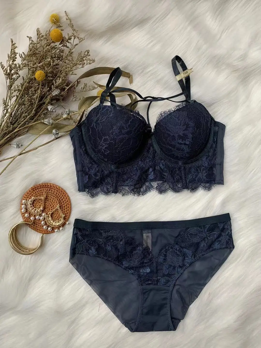 Lace Strappy Embroidered Lingerie Intimates Two-pieces Bra Panties Set Hollow Out Underwear Set