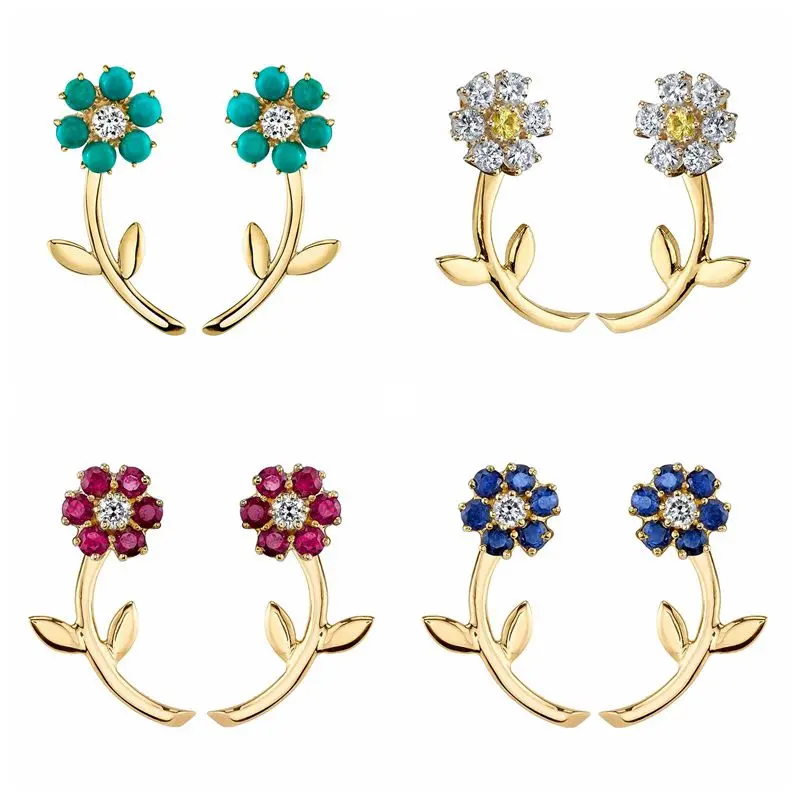 

925 Sterling Silver Ear Needle Flower Cluster Stud Earrings for Women Clear Crystal Turquoise Earrings Party Wedding Jewelry