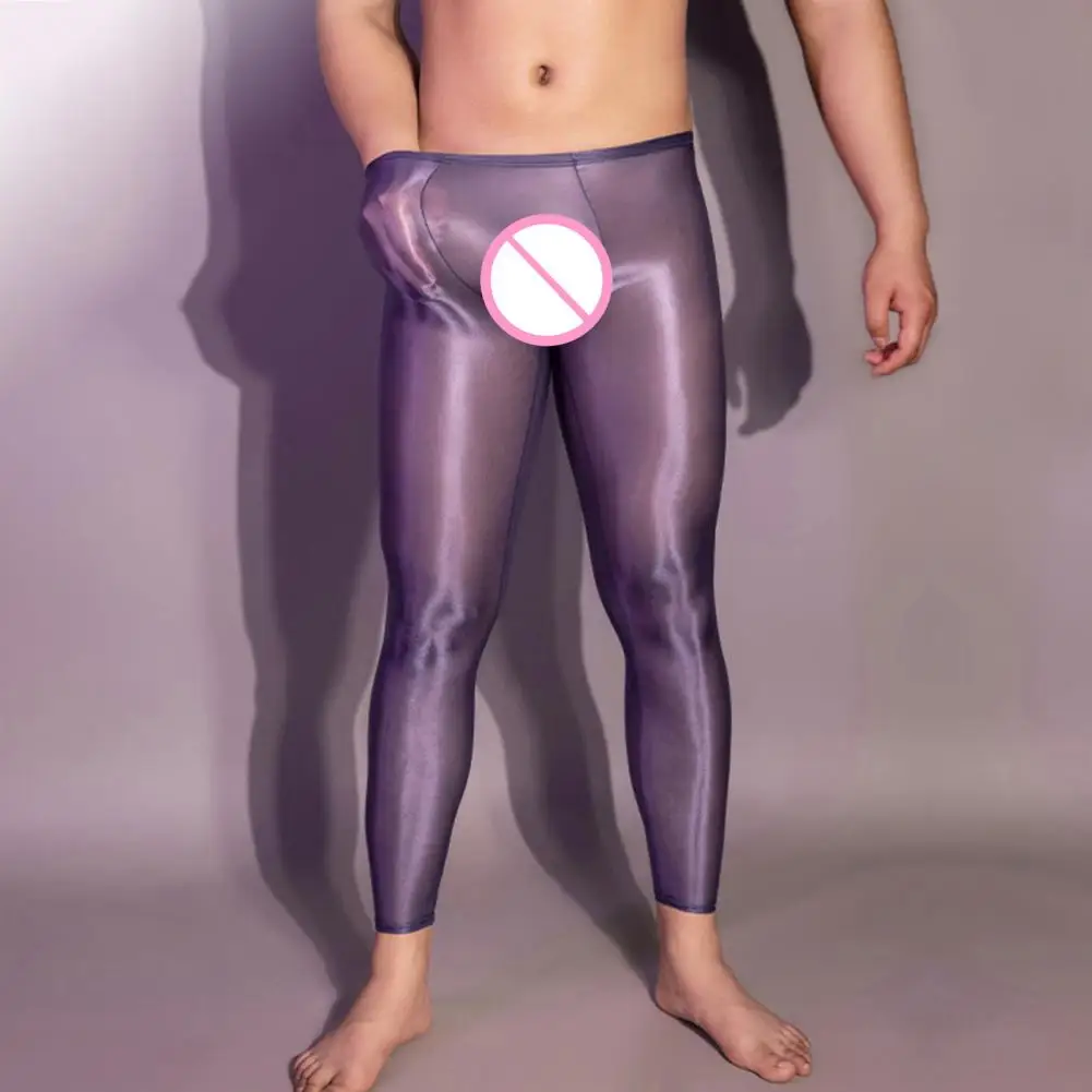 

Men Sexy Long Pants See-Through Oil Glossy Ultrathin Stretchy Leggings Shiny Ice Silky Comfort Skinny Pants