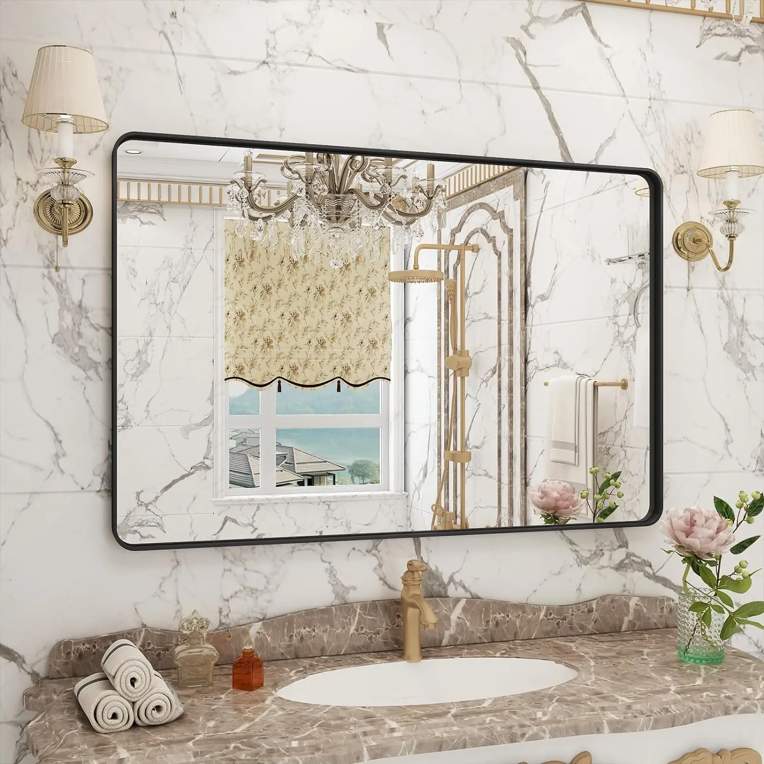 Matte Black Bathroom Vanity Mirror Large Metal Frame Rectangular Wall MirrorAnti-Rust, Shatterproof Round Corner Horizontally