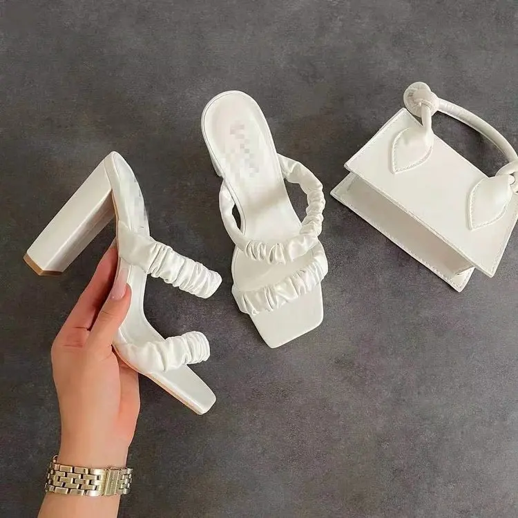 021 khaki Sexy Mules Shoes Women Square Heel Slippers Women Summer High Heels Square Toe Sandals Slides Ladies Shoes White Black flower heels shoes High Heels