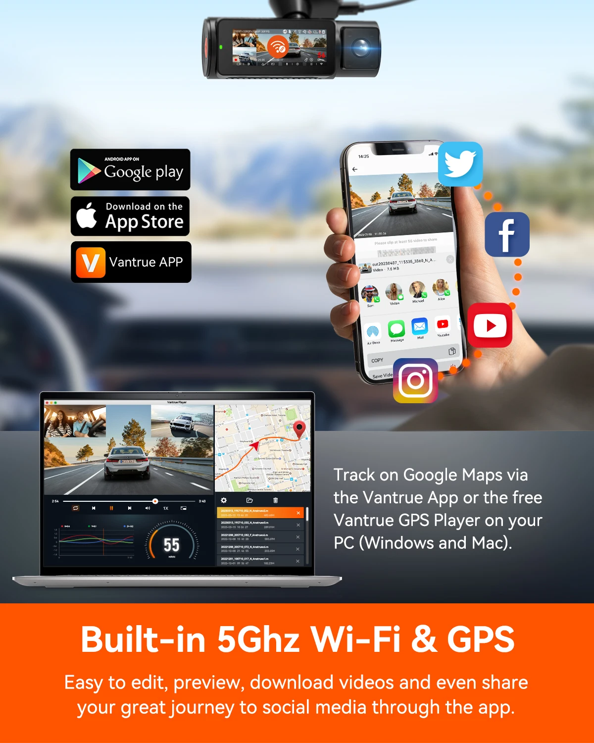 Dash Cam Vantrue N4 Pro 3 Channel 4K HDR WiFi Car Camera STARVIS 2 Night Vision Voice Control 24h Parking Mode