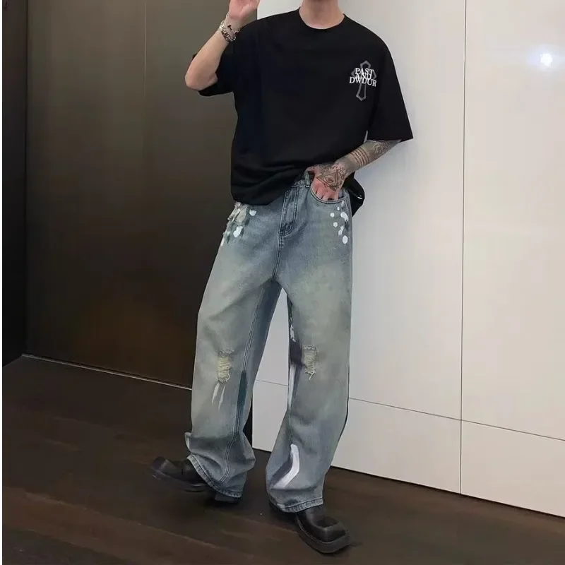 Men's Summer Jeans Loose-fit Wide-leg Straight-leg Denim Trousers American Style Casual Vibe Pants Ripped Design Sensibility