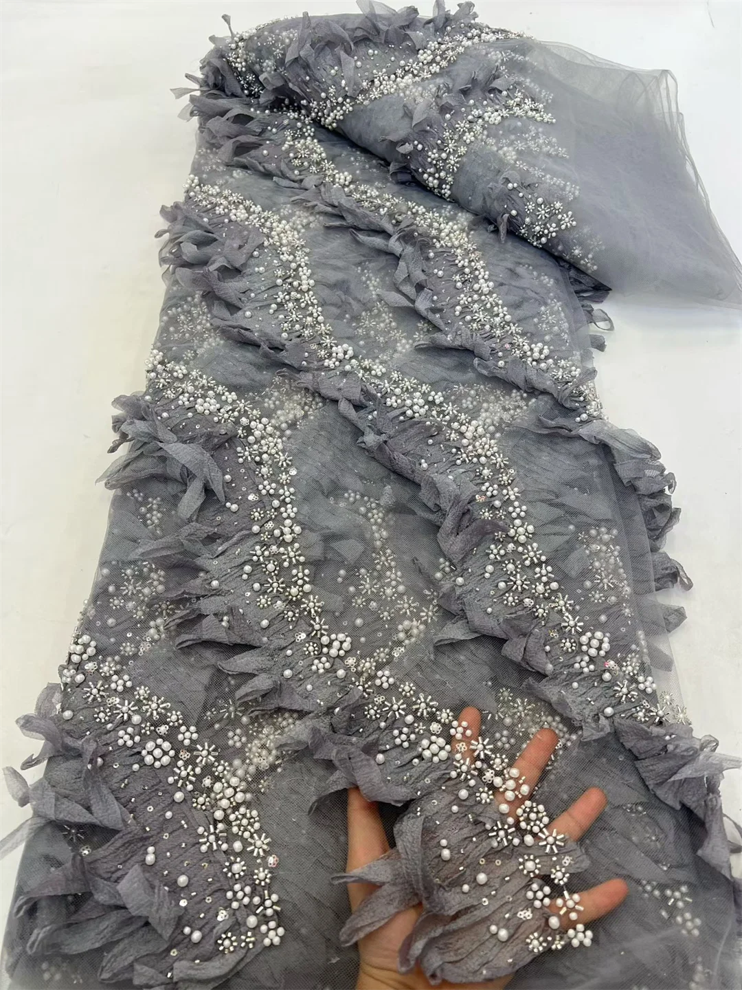 African Lace Fabric 2026 French 3D Flower Gray Sequins Embroidery Beads Tulle 5 Yards High Quality for Party Dress
