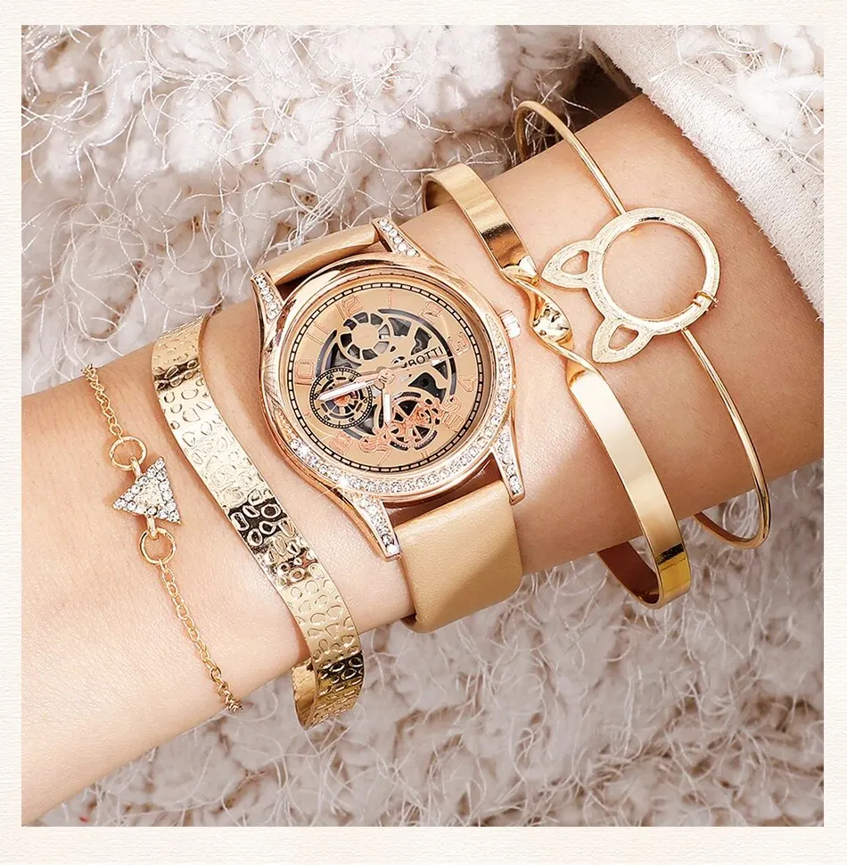 S67fb4ec2bafc439691e1d426c42eddd7L Women's Fashion Watch Casual Khaki Leather Belt Watches Ladies Rhinestone Quartz Wristwatches Bracelet Set Clock Montre Femme Mallzona