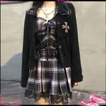 

Fernan Goth Y2k Jacket Women Punk Fairy Grunge Black Knitted Cardigan Aesthetics Mall Goth Female Streetwear Long Sleeve Cropped