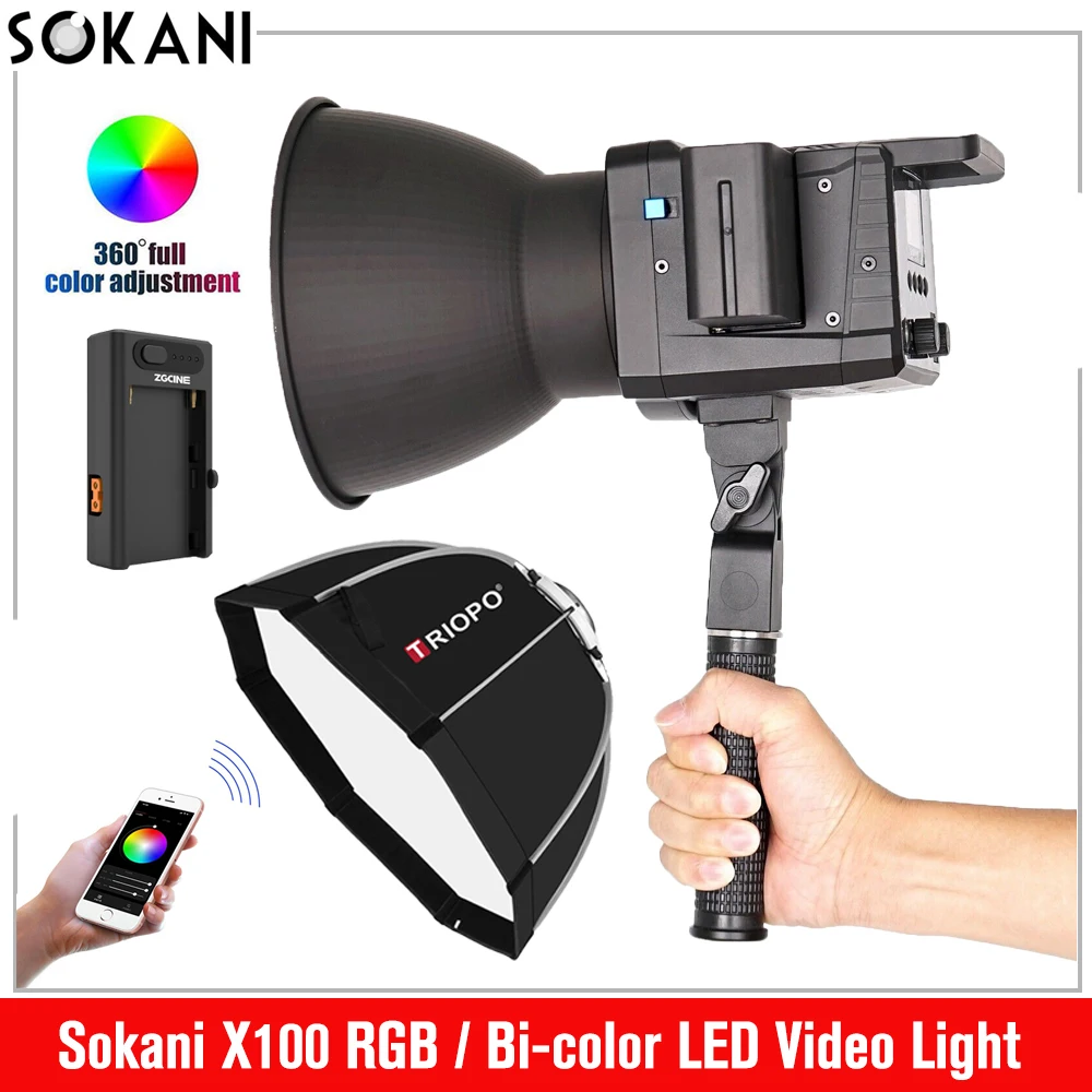 Sokani X100 100W RGB Bi-Color LED Video Light Bowens Mount TRIOPO Softbox for Photography Video Recording Outdoor Shooting