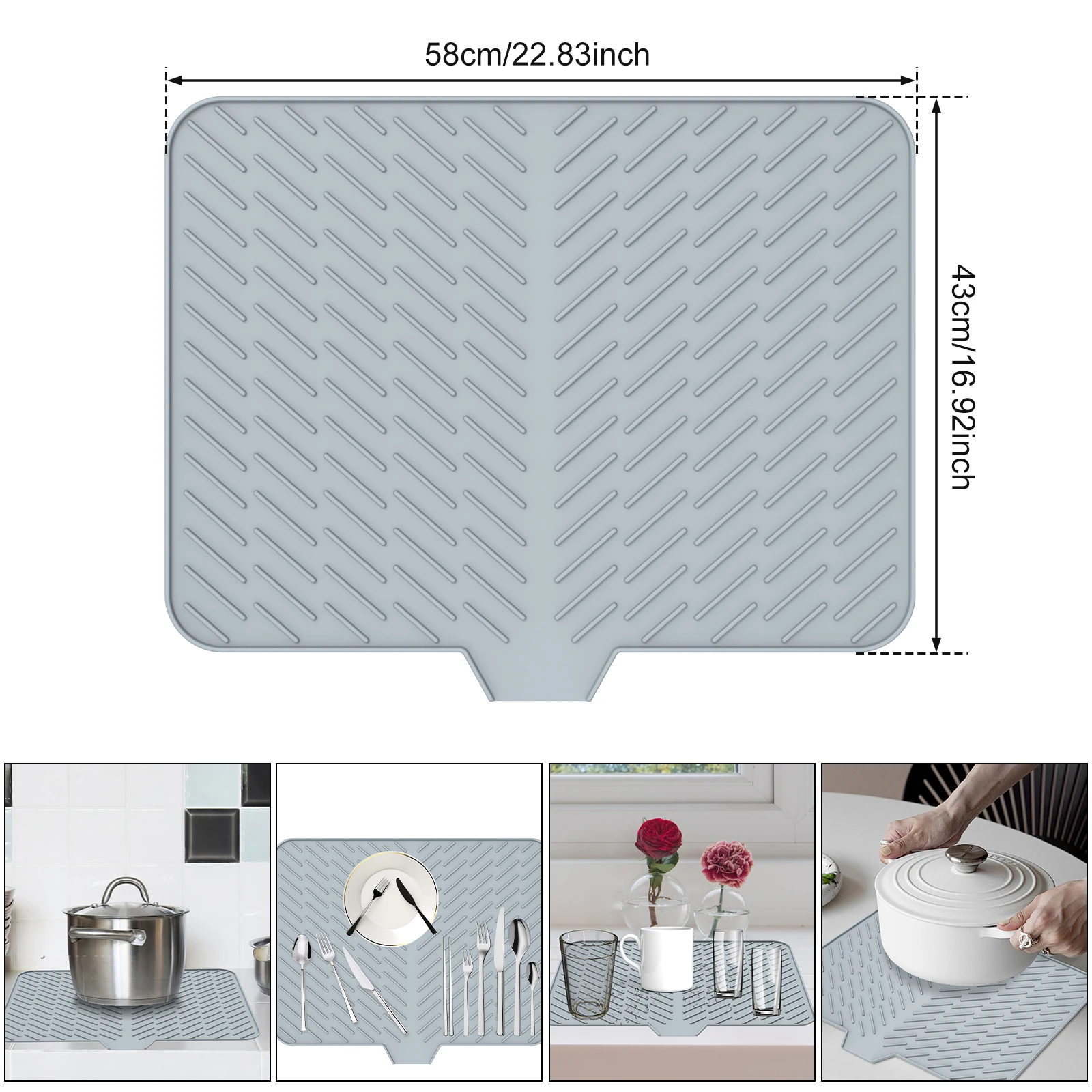 Silicone Dish Drying Mat for Kitchen Non-Slip Drain Pad with Water Outlet , Heat Resistant Dish Drying Pad for Plates Cups
