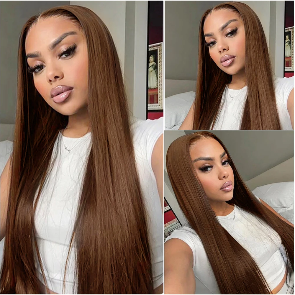30 40 Inch Straight Chocolate Brown 13x6 Hd Lace Frontal Wigs PrePlucked #4 Colored Brazilian Wigs For Black Women 200 Density 2