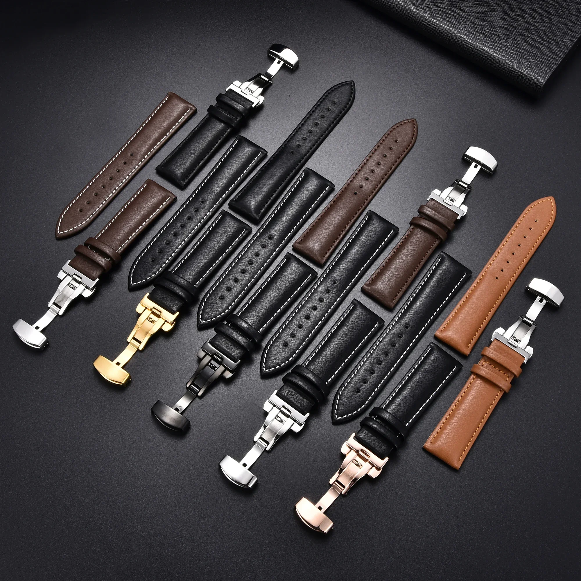 Luxurious Genuine Leather Watchband with Automatic Butterfly Buckle - Elegant Business Wrist Strap with Gift Box