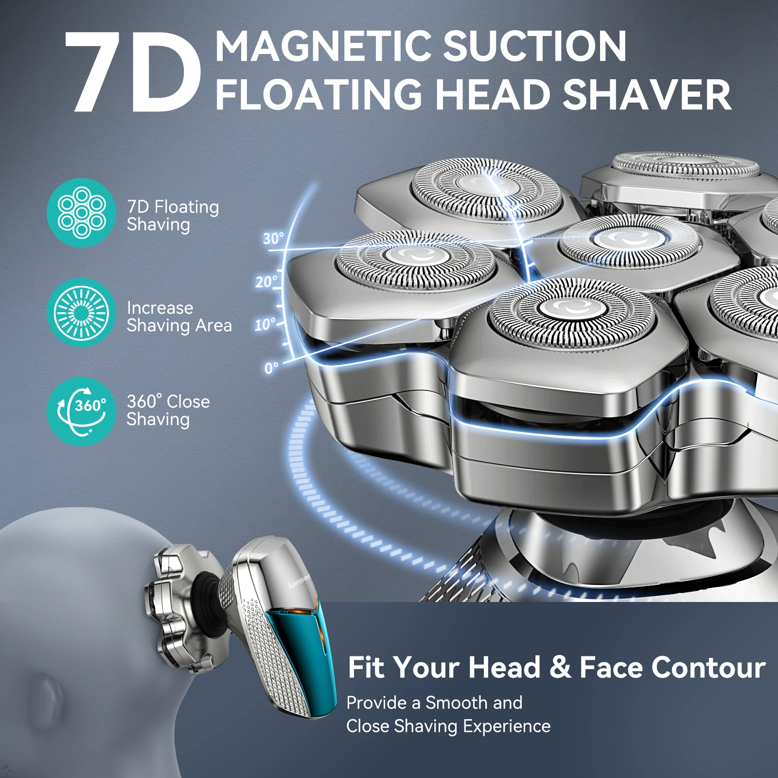KENSEN 5 in 1 Electric Head Shaver Magnetic 7D Floating Blade Men's Grooming Kit Rechargeable Head Shaving Machine Beard Trimmer 3