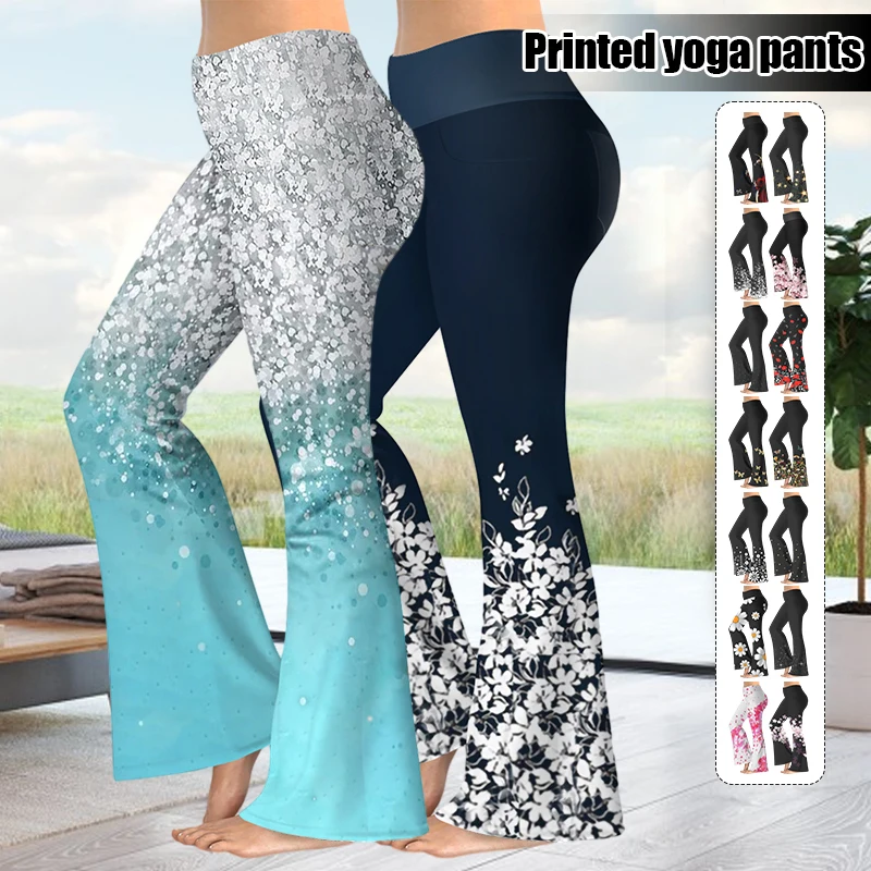 S-5Xl Plus Size Slim Casual Flower Printed Flare Pants Women Fashion 3D Graphic Bell Bottoms Colorful Yoga Dance Trousers