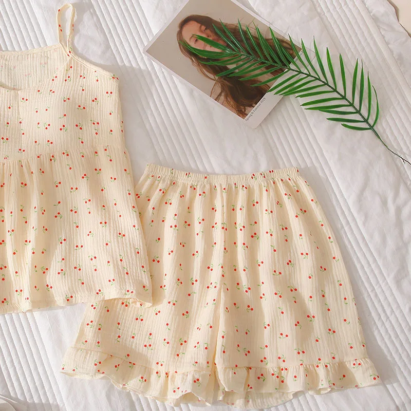 Summer Cotton Double Yarn Print Pajamas For Women Vests With Chest Pad+Shorts Floral 2Pcs Home Wear 2024 New Casual Sleepwear Se