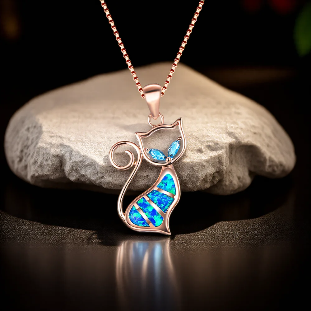 Cute Aqua Blue Small Cat Pendant Blue Opal Stone Necklaces For Women Vintage Rose Gold Color Box Chains Necklace Wedding Jewelry