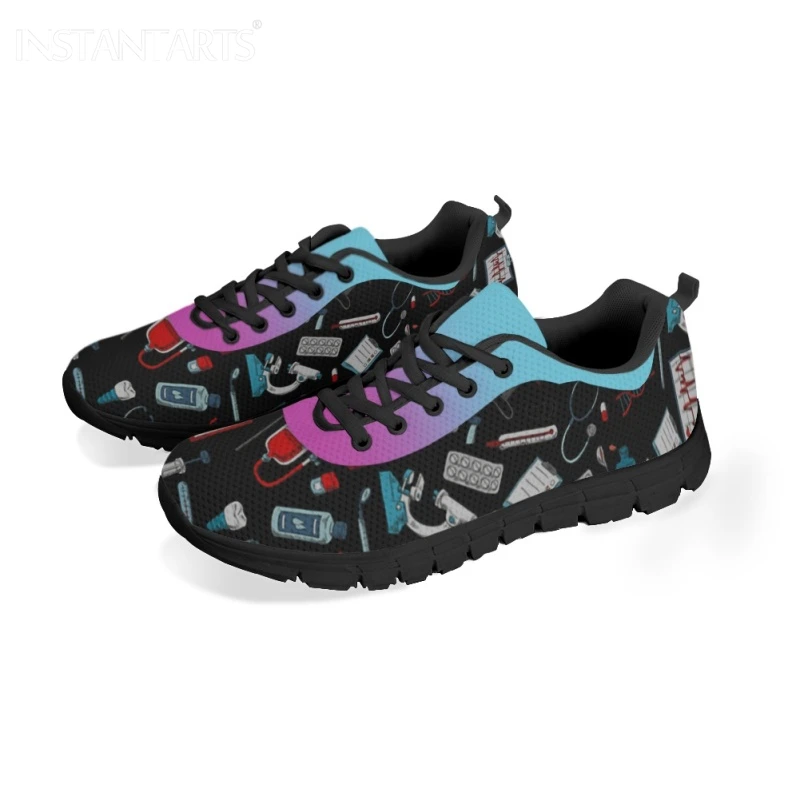 INSTANTARTS New Style Women Lace up Sneakers Casual Nursing Flat Shoes Breathable Soft Medical Print Running Shoes for Femme