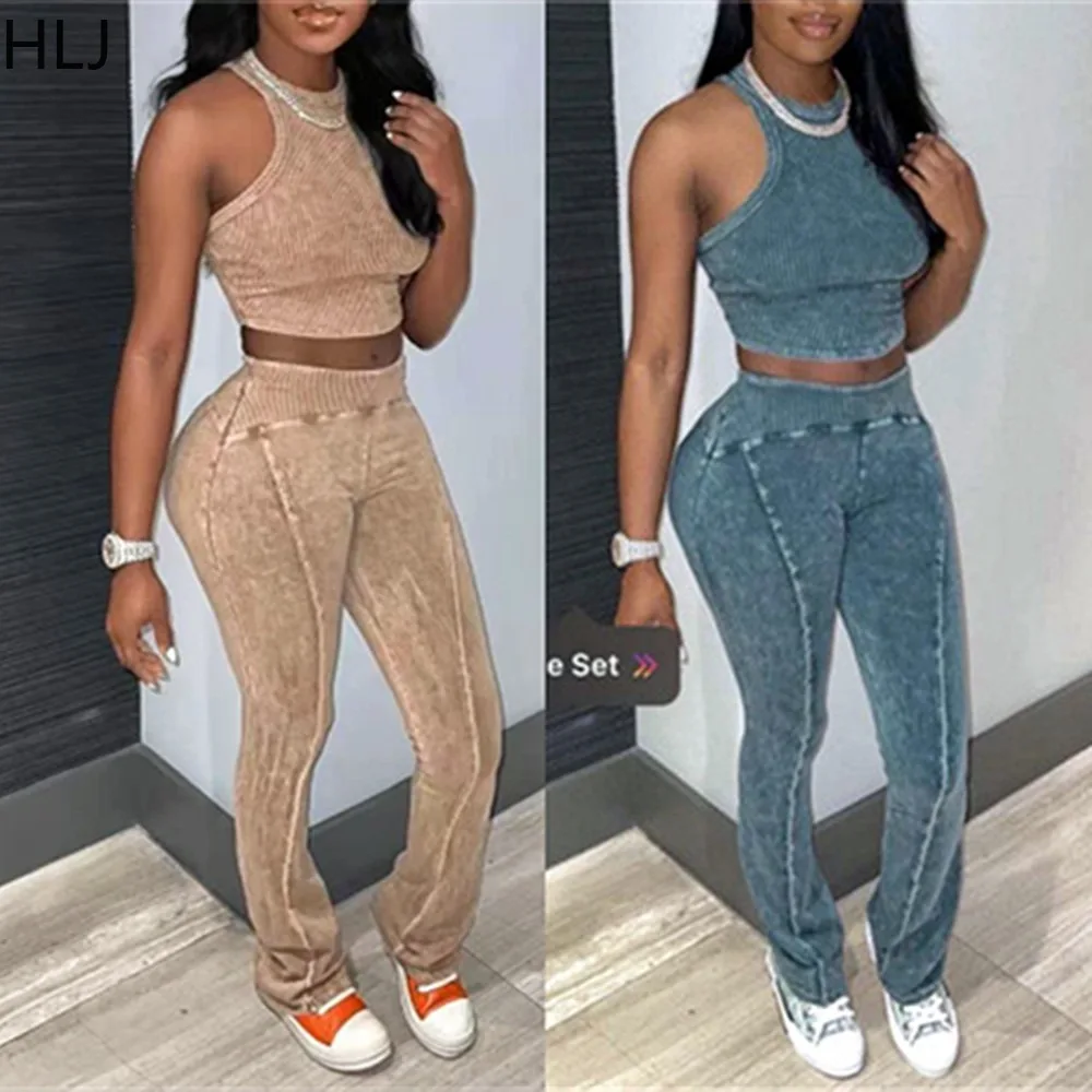 HLJ Ribbing Women Tracksuit Round Neck Solid Color Sleeveless Tank Top and Leggings Fitness Two Pieces Pants Set Street Outfits zhymihret letter printed tank top and leggings two piece set women 2023 side vertical stripes fitness sporty summer tracksuit