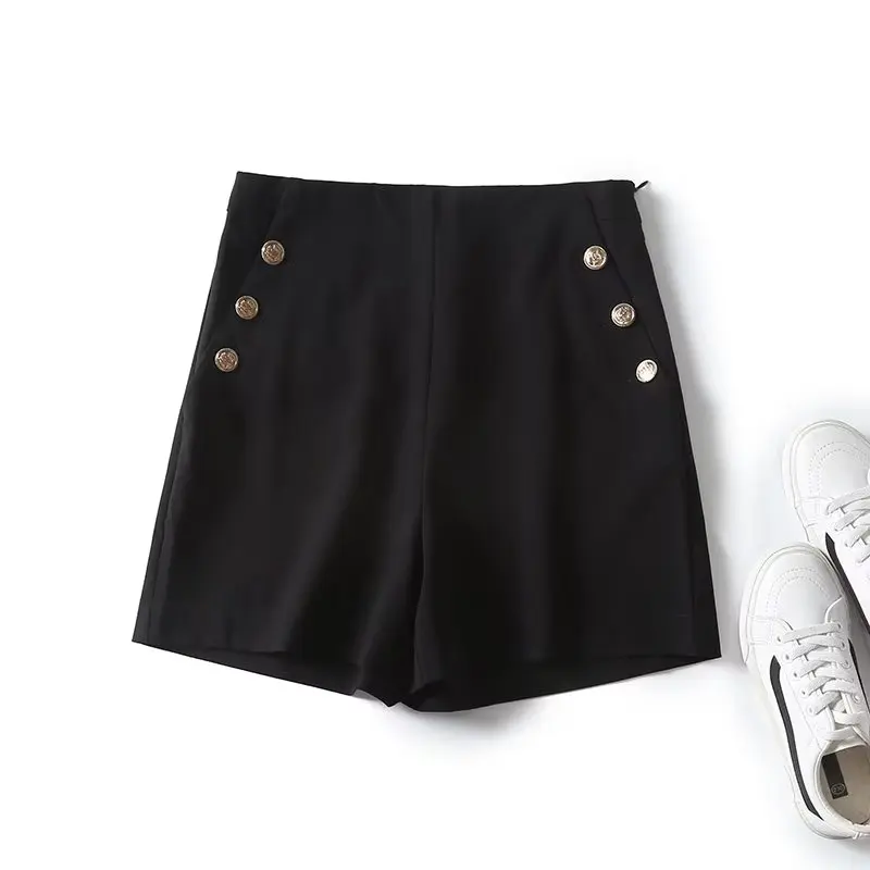Dave&Di British Ladies Double Breasted High Waist Shorts Commuting Elegant Casual Simple Bermuda Shorts Women