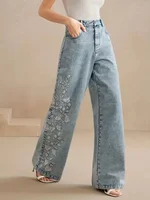 Women's plus Size Y2K Straight Leg Jeans Trendy Stretch Washed Denim Embroidery Design Comfortable Fashion - Image 3