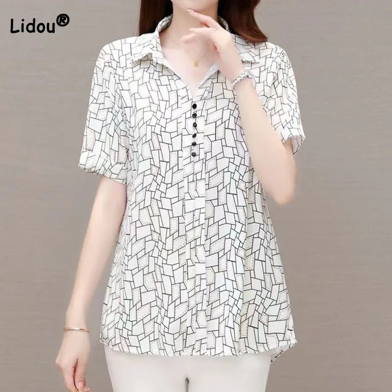 Fashion Korean Short Sleeve Printed Women's Blouse All-match Simplicity Turn-down Collar Chiffon Shirt Summer Female Clothing