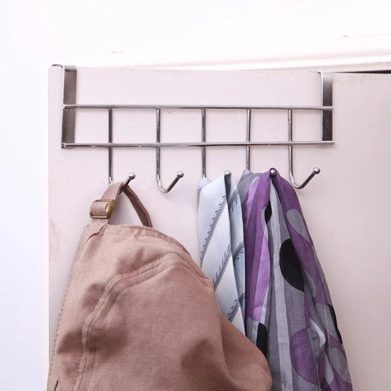 Nail-free Stainless Steel Five Hooks Cabinet Behind The Door Hanger Clothes Hook Over Door Bathroom Kitchen Shelf Organizer