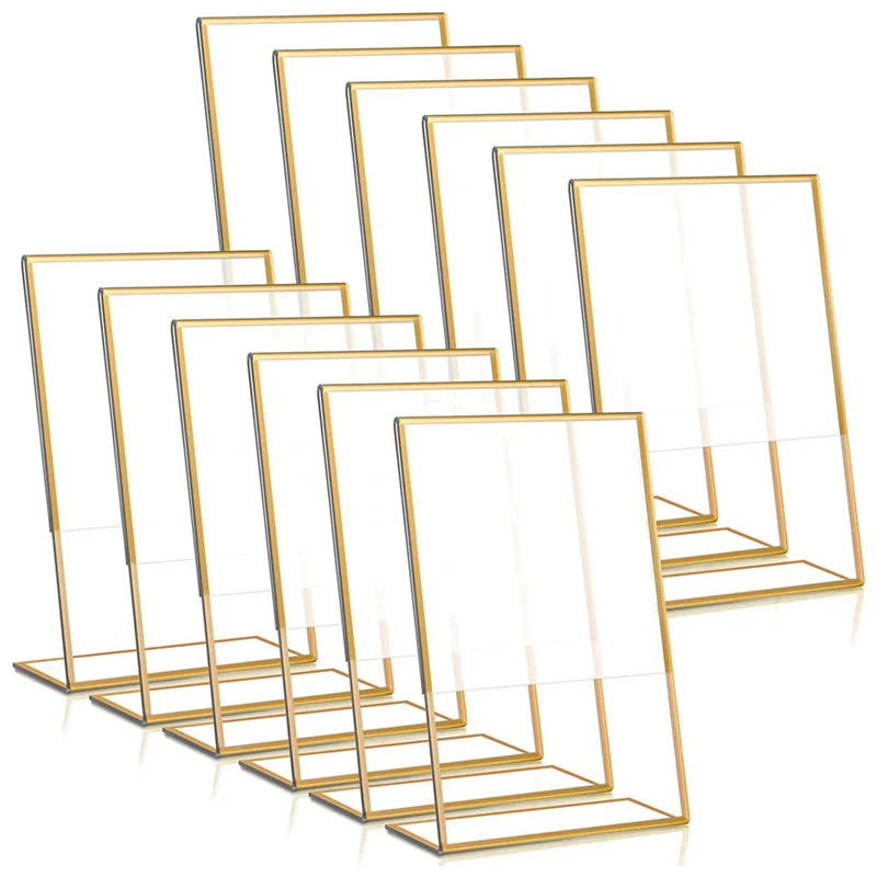 

12PCS Gold Frame Acrylic Sign Holder Wedding Table Number Holder Slanted Menu Double Sided Stand, 4X6Inch Vertical