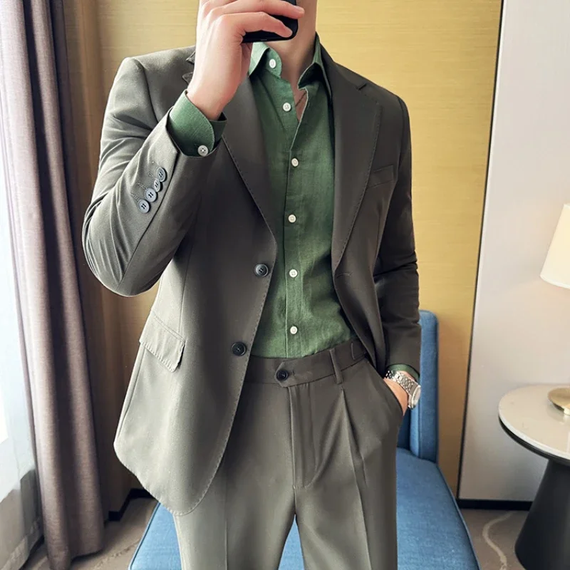 Tencel High Tech Fabric Men Spring Summer Thin Suits 2 Pieces (jacket+pants) Business Casual Office Wedding Groom Dress Suit
