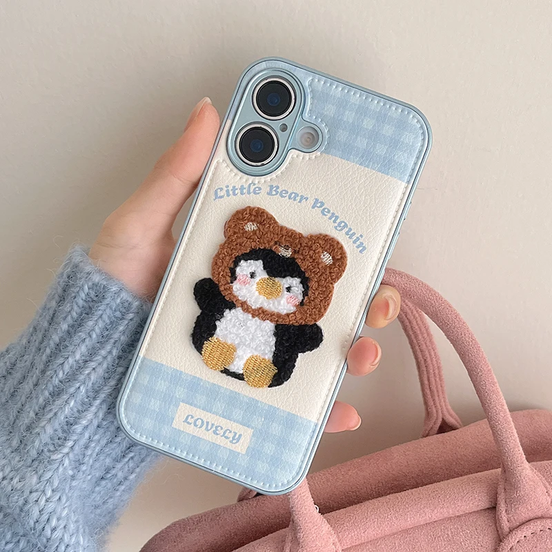 Cute Blue Grid Plush Bear Penguin Phone Case For iPhone 13 14 15 16 Pro Max Soft Leather Drum Bag Back Cover