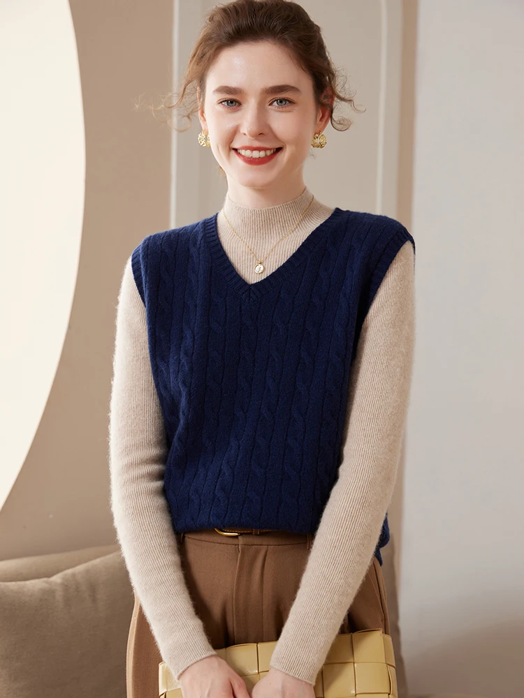 

High-quality Winter Spring 100% Cashmere Sweater Woman V-neck Sleeveless Vest Female Thick Knitted Pullover Waistcoat New Tops