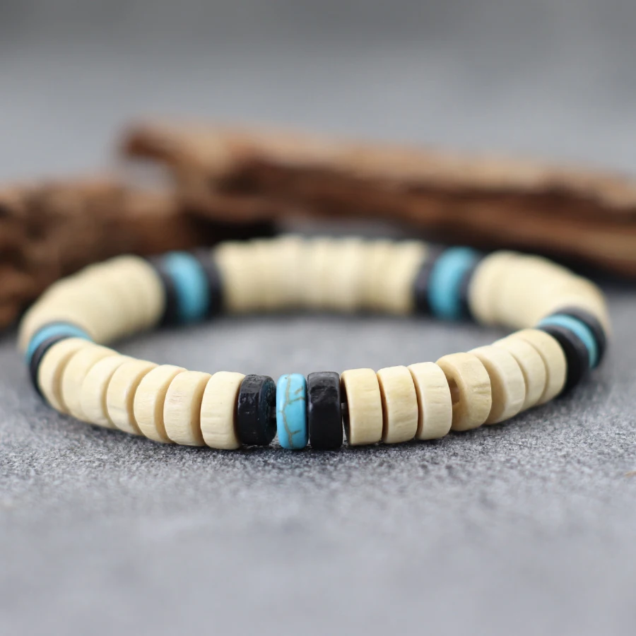 Pulsera de madera Natural hecha a mano para hombre, piedra turquesa azul, hebra curativa, Braslet, Yoga, meditación, pulsera con cuentas para hombre