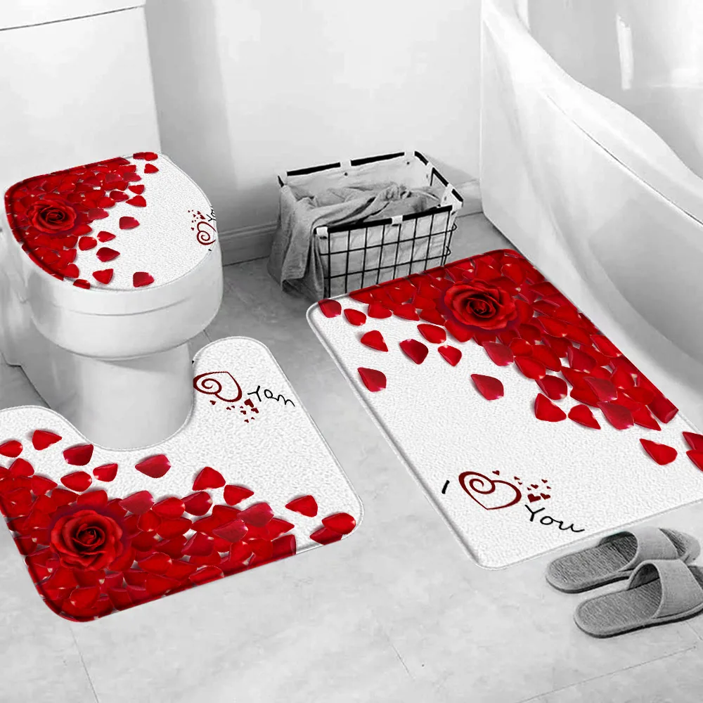 Discover Valentine's Day Bath Mat, Red Rose Cartoon Elf Truck Love Petal Romantic Doormat