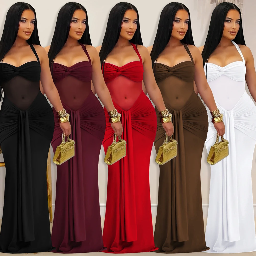 Sexy Transparentes Netzkleid mit Neckholder Rückenfreies Schnürkleid mit Vorderbindung Figurbetontes Partykleid Langes Abendkleid Clubwear Maxikleid für Damen