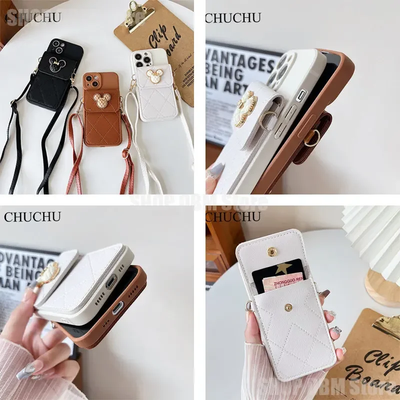 Disney Mickey Mouse Phone Case For IPhone 14 Pro Max 13 11 12 X XR XS Max Cover Luxury Leather Wallet Crossbody Lanyard Soft