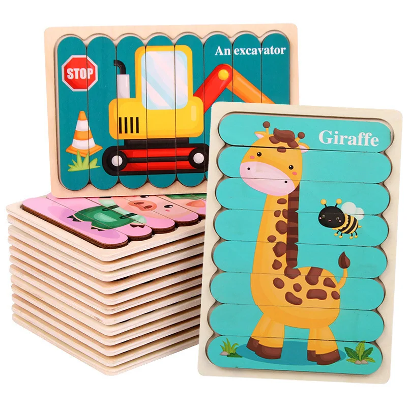 

3D Wooden Puzzle Cartoon Animal Double-sided Strip Puzzle Intelligence Cognitive Jigsaw Montessori Educational Wooden Toys